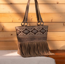 Load image into Gallery viewer, Kahki brown embroidered Aztec fringe purse