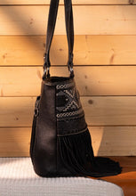 Load image into Gallery viewer, Black embroidered aztec fringe purse