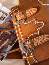 Load image into Gallery viewer, Brown buckle purse with tooled accent Montana west