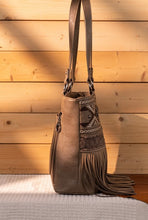 Load image into Gallery viewer, Kahki brown embroidered Aztec fringe purse