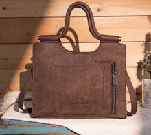 Load image into Gallery viewer, Brown & cream tooled Aztec embossed handbag by Trinity Ranch