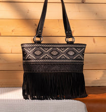 Load image into Gallery viewer, Black embroidered aztec fringe purse