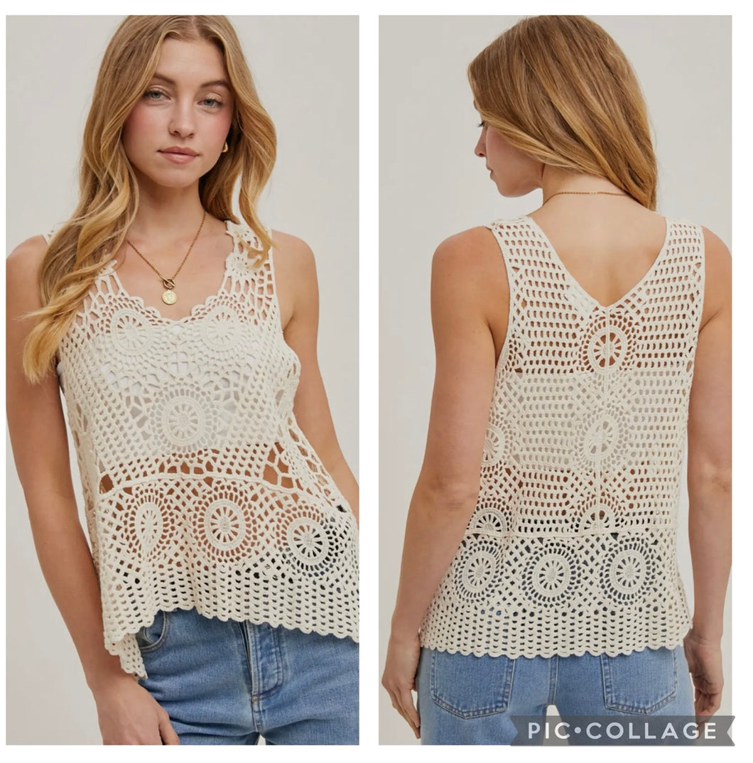 Cream open knit crotchet tank top
