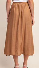 Load image into Gallery viewer, Saddle brown linen flowy maxi skirt with button accent
