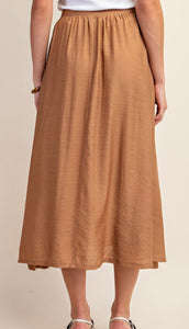 Saddle brown linen flowy maxi skirt with button accent