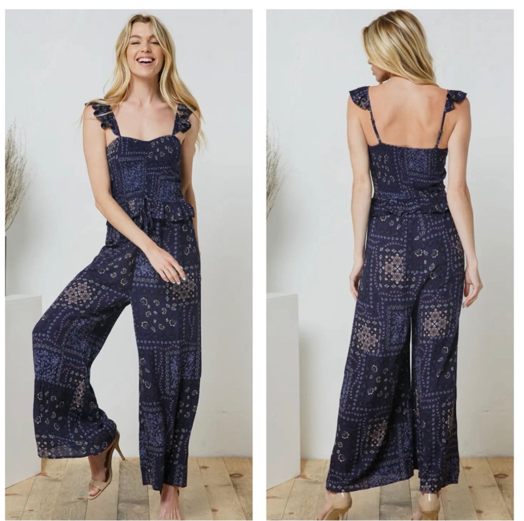Navy floral medallion jumpsuit