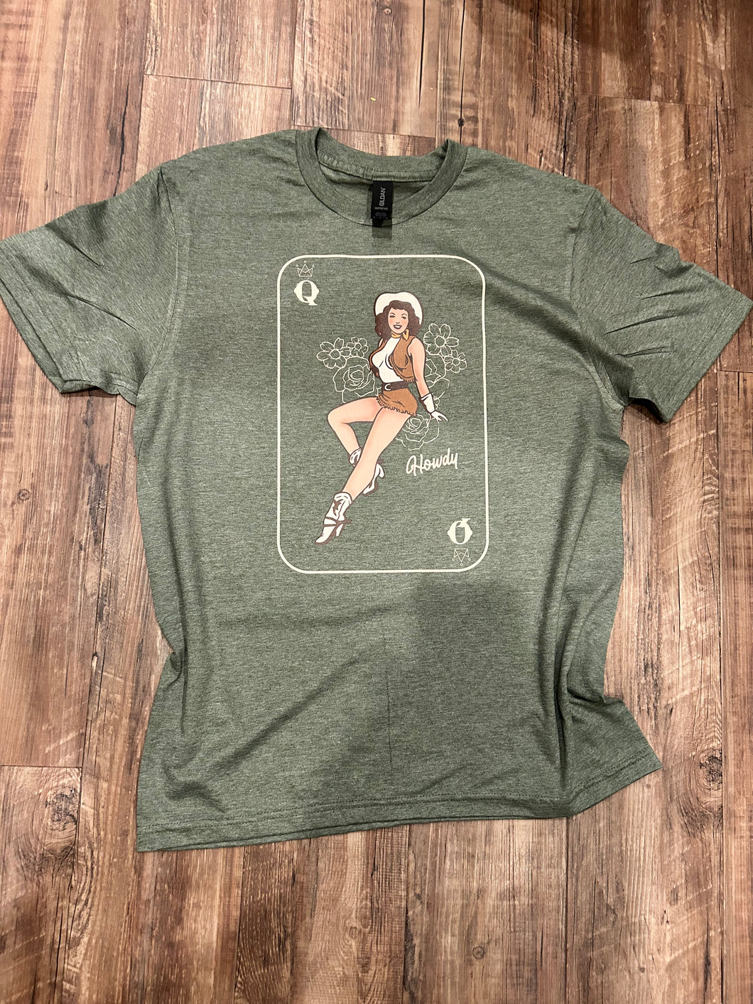 Heathered Olive green queen pin up cowgirl western t-shirt