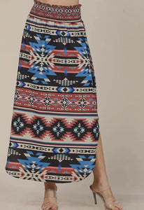 Black, burnt red, taupe & blue Aztec western skirt