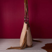 Load image into Gallery viewer, Tan, pink &amp; saddle brown boot stitch embroidered fringe purse by Montana west
