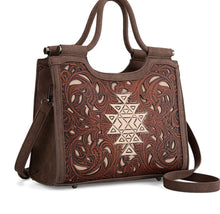 Load image into Gallery viewer, Brown &amp; cream tooled Aztec embossed handbag by Trinity Ranch
