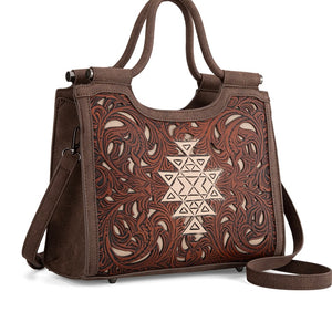 Brown & cream tooled Aztec embossed handbag by Trinity Ranch