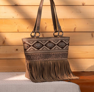 Kahki brown embroidered Aztec fringe purse