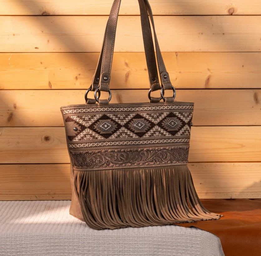 Kahki brown embroidered Aztec fringe purse