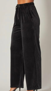 Black velvet ribbed palazzo pants