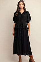 Load image into Gallery viewer, Black linen flowy maxi skirt with button accent

