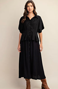Black linen flowy maxi skirt with button accent