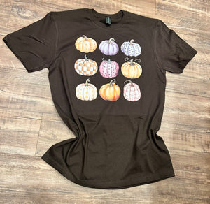 Chocolate brown with multi plum & checkered 9 pumpkin Fall T-shirt