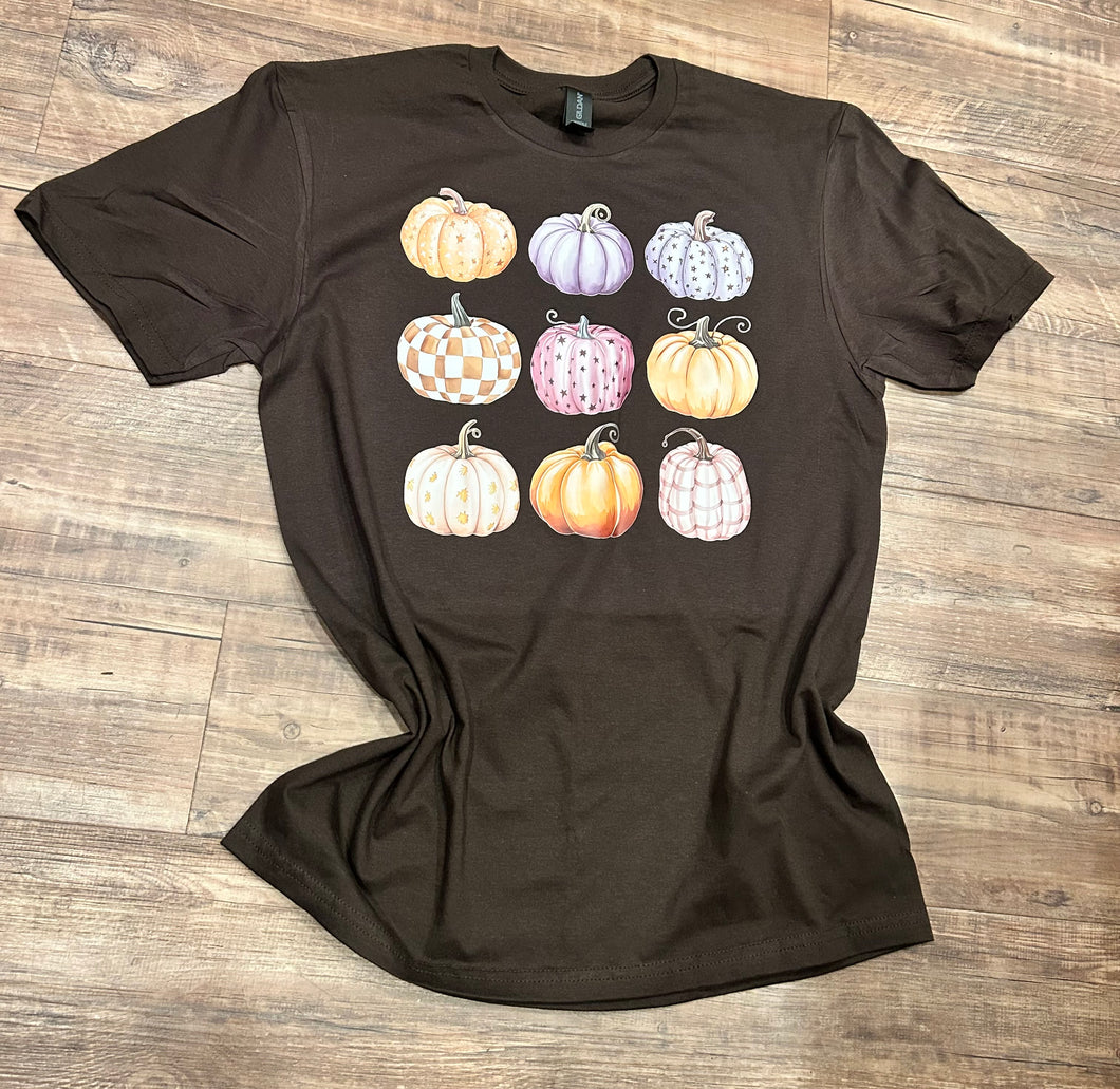 Chocolate brown with multi plum & checkered 9 pumpkin Fall T-shirt