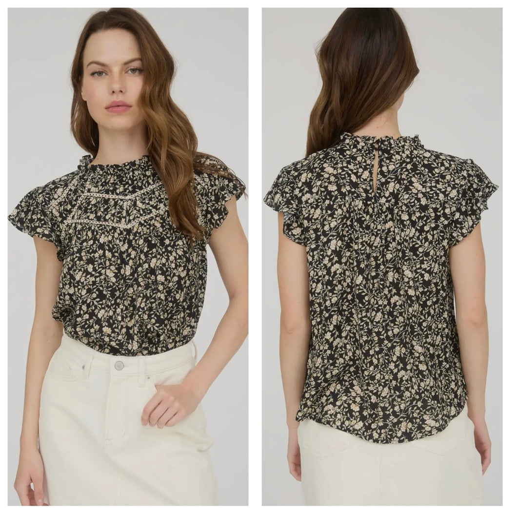 Black & Cream floral short sleeve top