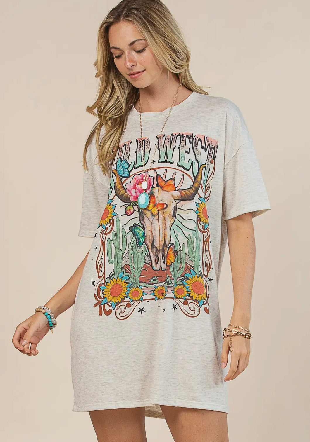Oatmeal Wild West steerhead & butterfly western t-shirt dress