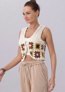 Cream & fall colored crotchet vest with tie front