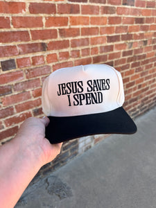 Ivory & Black Jesus Saves I Spend embroidered hat
