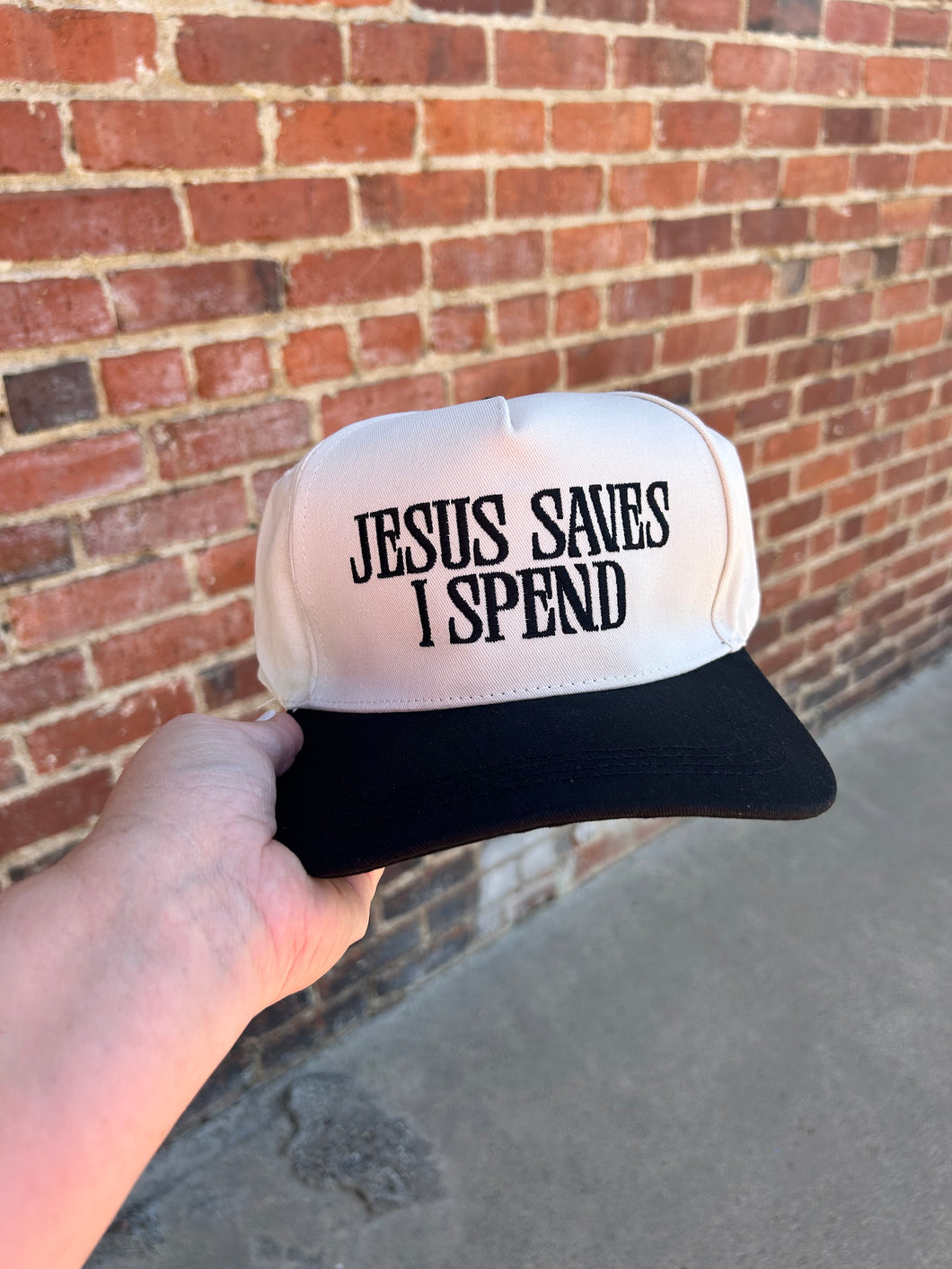 Ivory & Black Jesus Saves I Spend embroidered hat