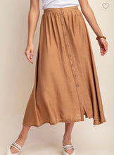 Load image into Gallery viewer, Saddle brown linen flowy maxi skirt with button accent
