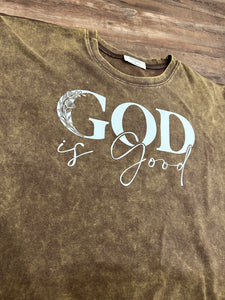 Mahogany Brown acid wash “God is good all the time” t-shirt