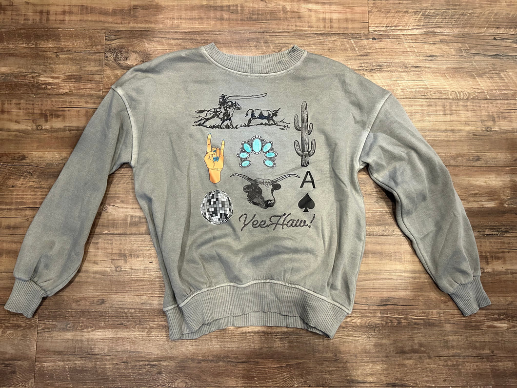 Light grey acid wash yeehaw disco western collage crewneck