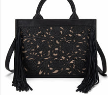 Load image into Gallery viewer, Black &amp; cream tooled fringe purse by Trinity Ranch
