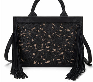 Black & cream tooled fringe purse by Trinity Ranch