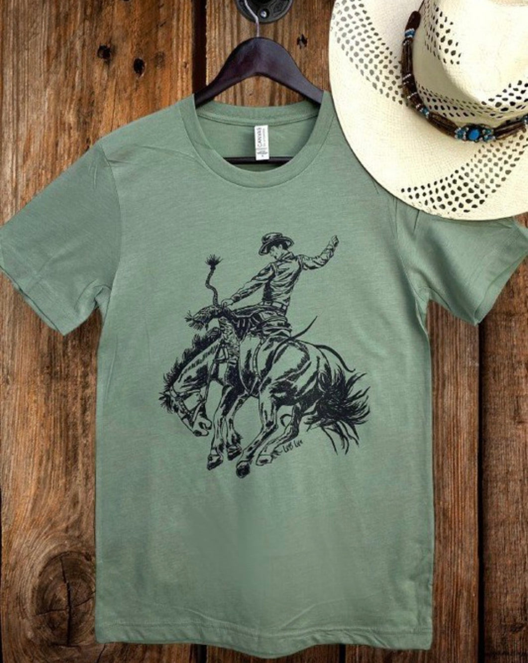 Sage with Black bucking horse t-shirt
