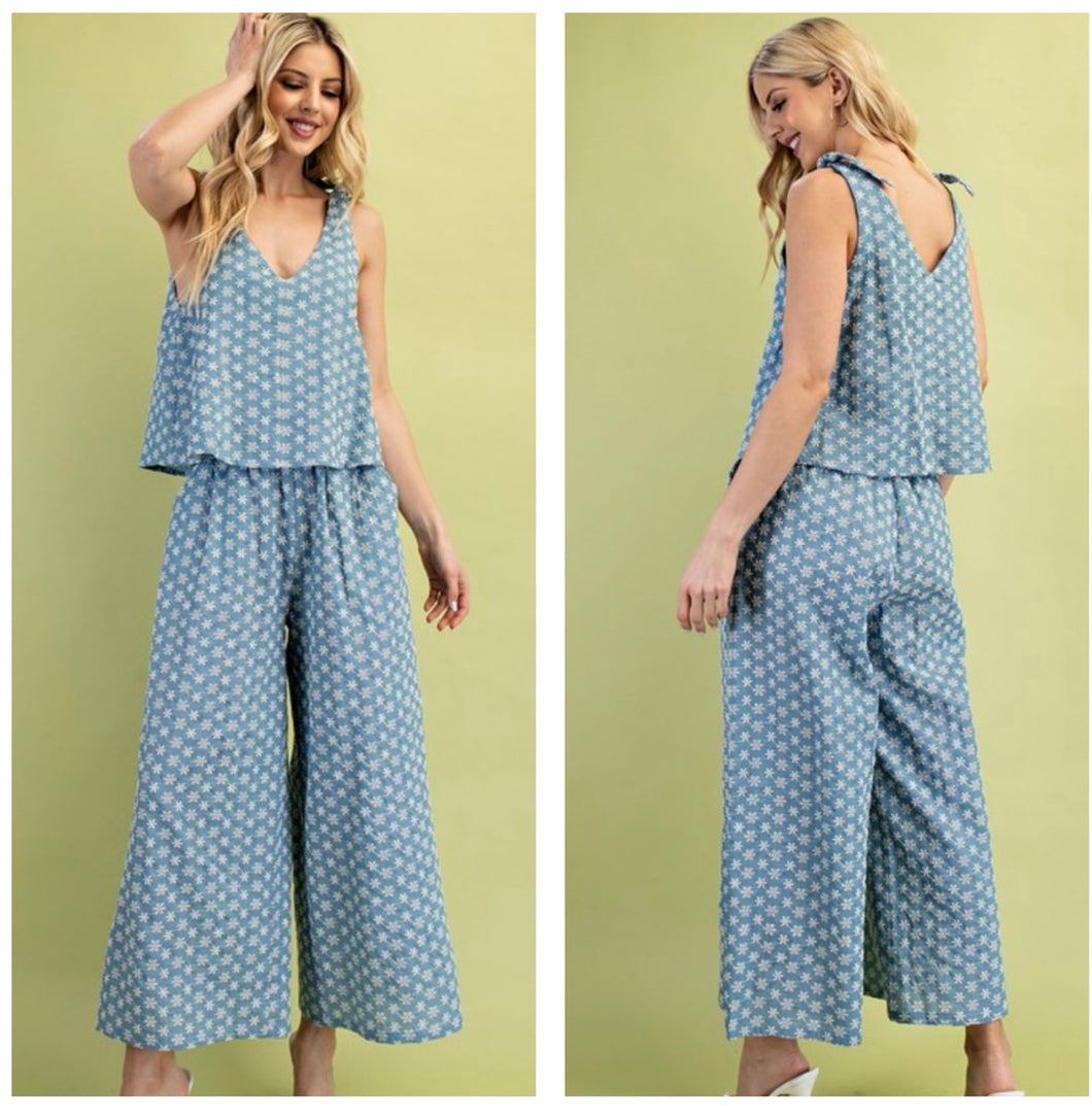 Denim with ivory floral embroidered jumpsuit