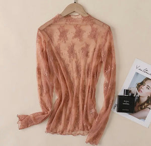 Rust lace floral mesh long sleeve top
