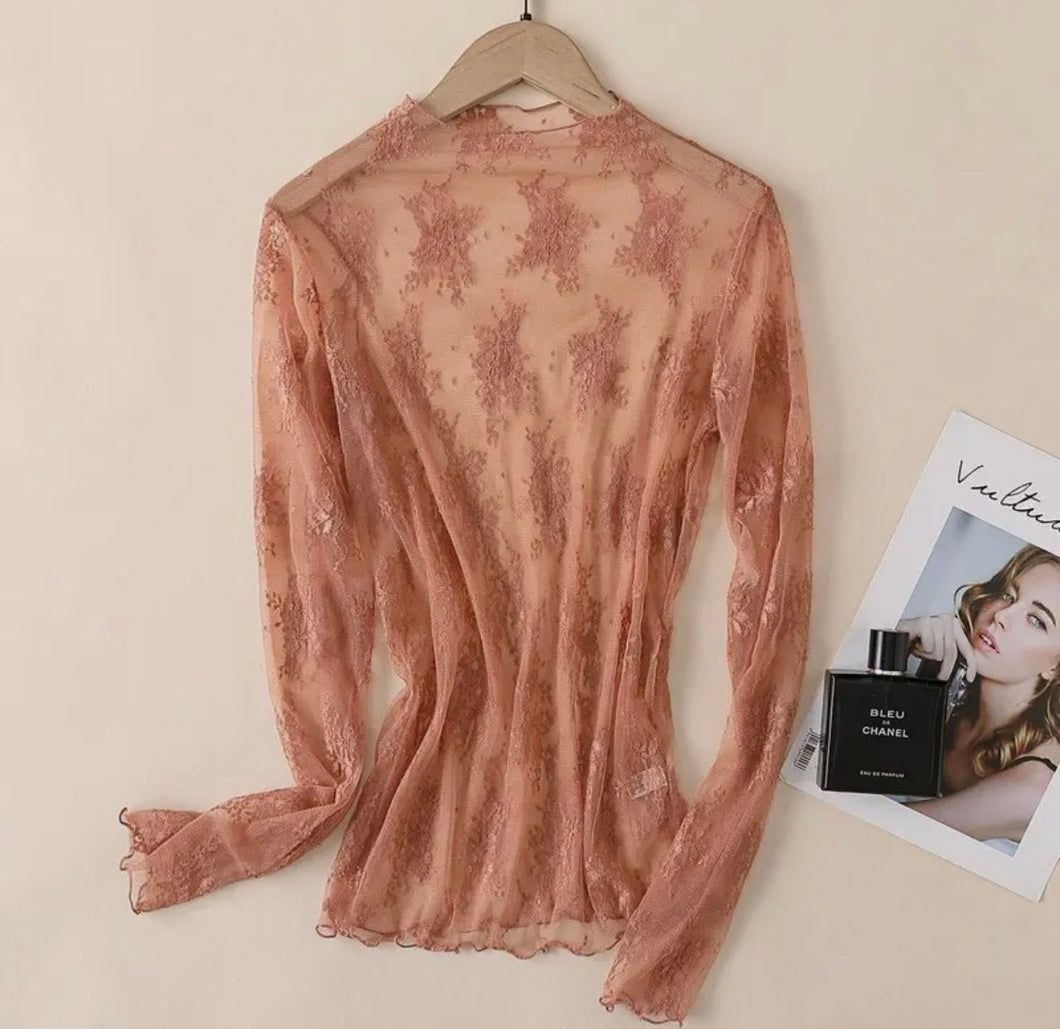 Rust lace floral mesh long sleeve top
