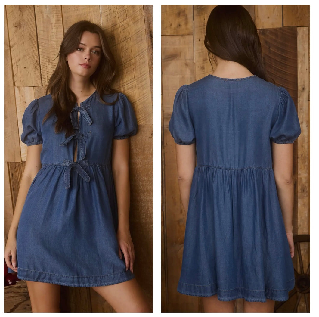 Denim bow cap sleeve dress