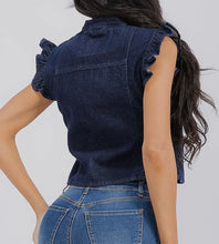 Load image into Gallery viewer, Dark denim vest with ruffle edge &amp; triple bow accent

