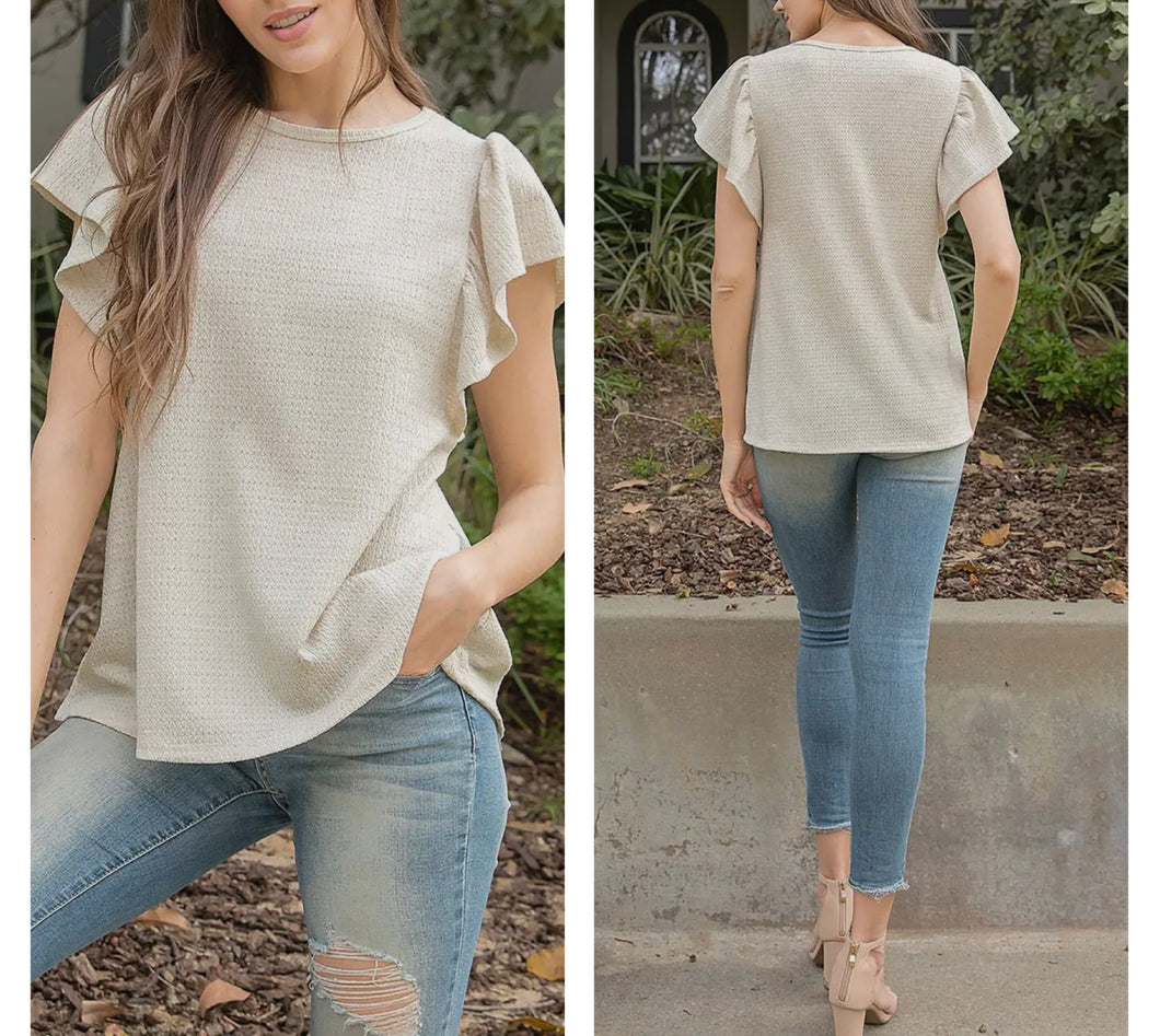 Cream waffle ruffle short sleeve top
