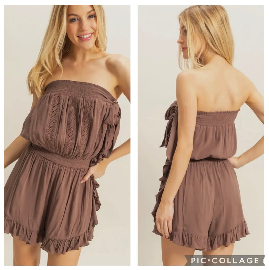 Coco brown romper with crotchet accent and bow tie on the side