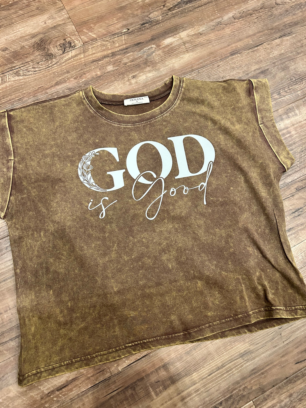 Mahogany Brown acid wash “God is good all the time” t-shirt