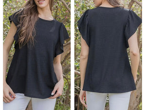 Black waffle short sleeve ruffle top