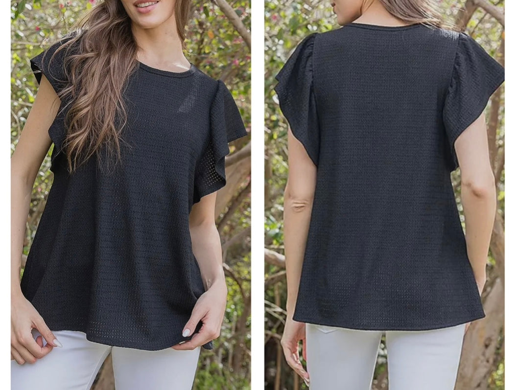 Black waffle short sleeve ruffle top