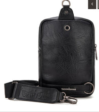 Load image into Gallery viewer, Black &amp; white tooled cowhide sling Trinity Ranch
