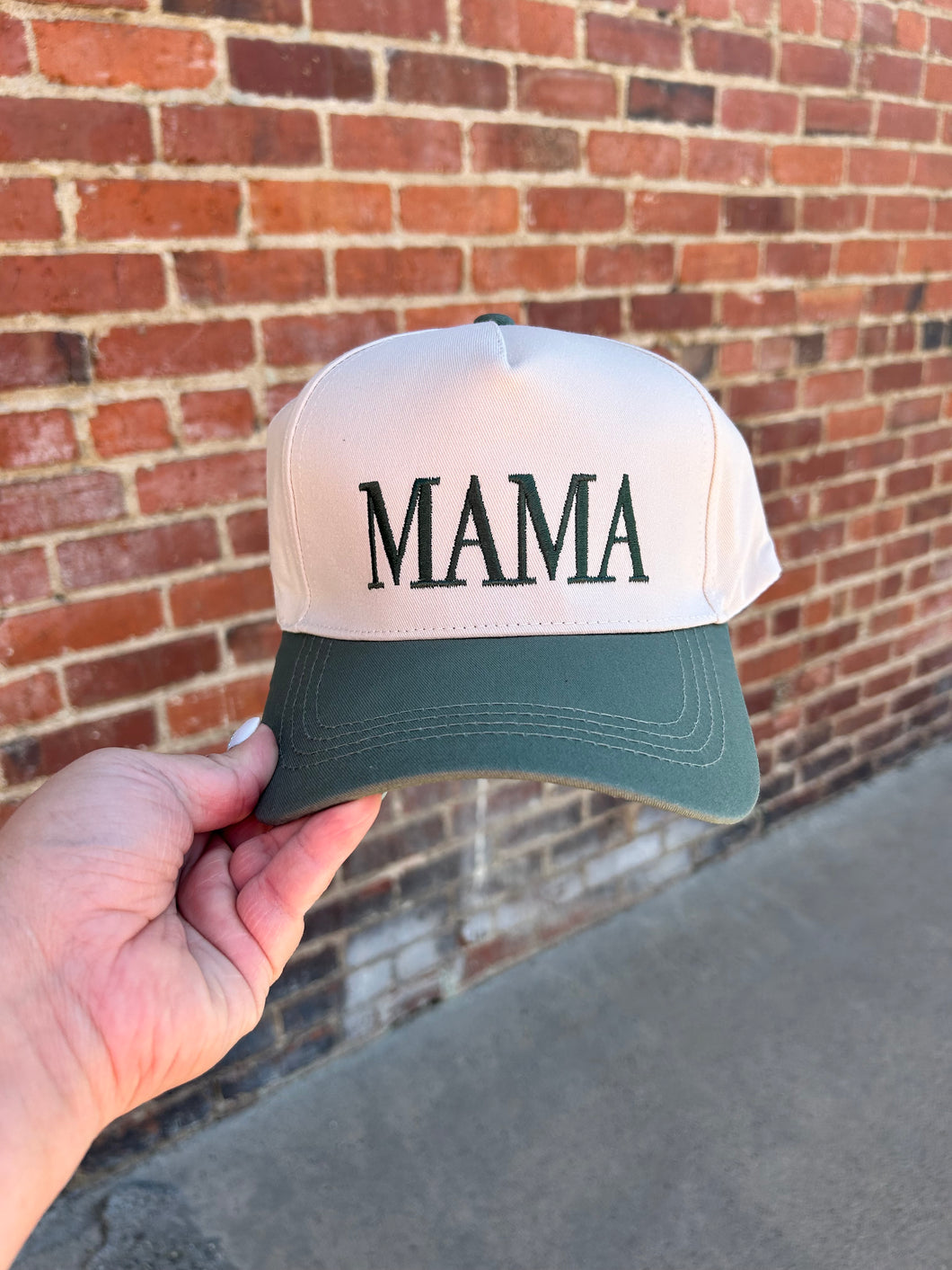 Ivory & olive green Mama embroidered hat