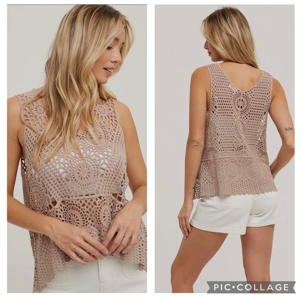 Mocha open knit crotchet tank top