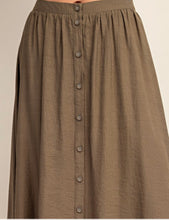 Load image into Gallery viewer, Army Green linen flowy maxi skirt with button accent
