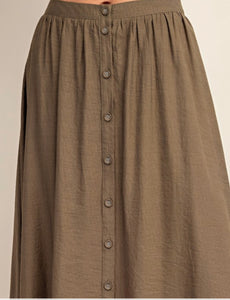 Army Green linen flowy maxi skirt with button accent