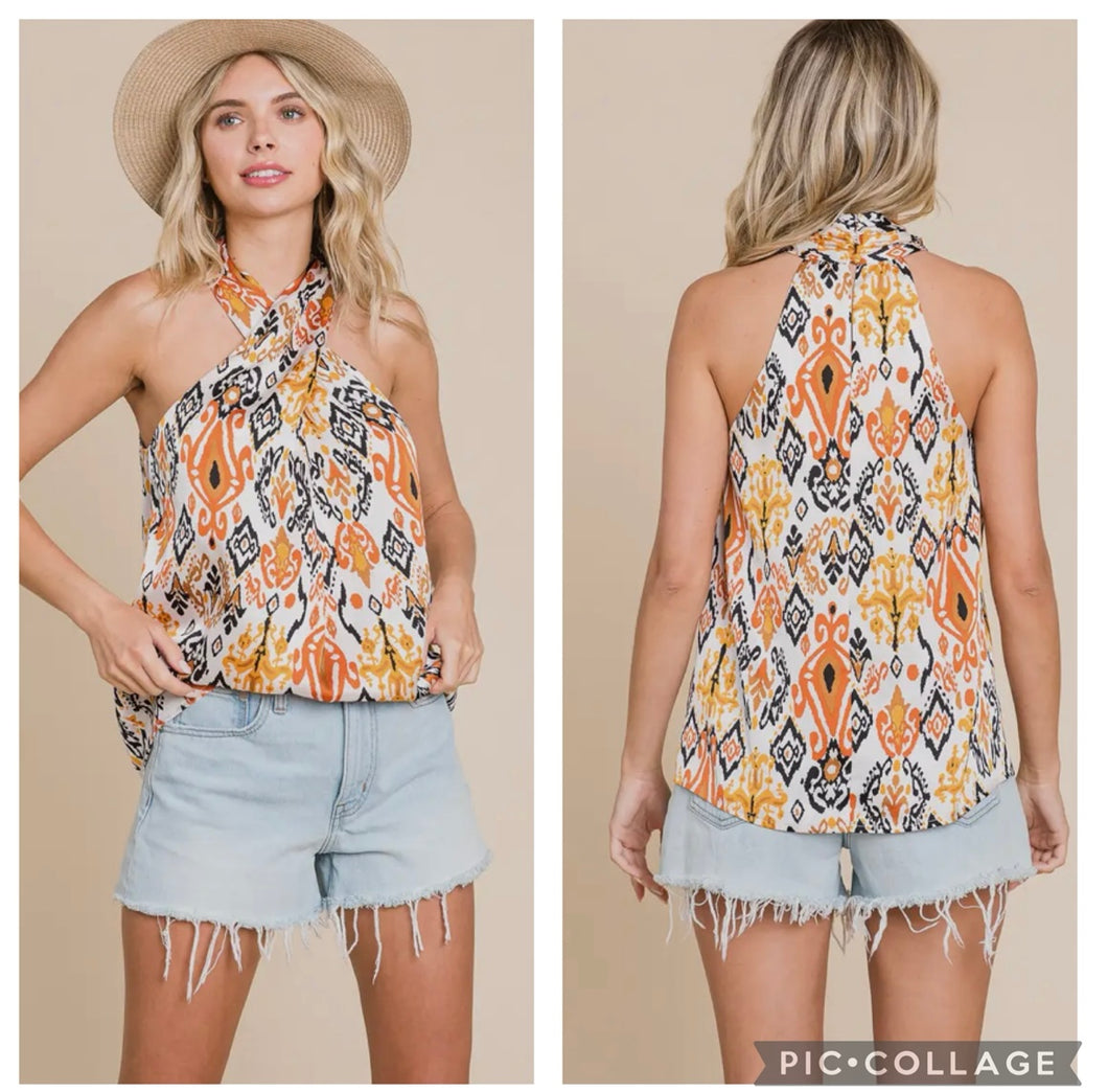 Ivory, black & rust satin top