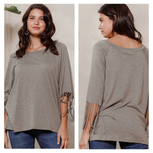 Olive green 3/4 sleeve fringe top